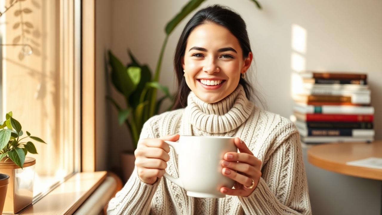Cheerful young woman in a cream cable-knit sweater holding a coffee mug, the kind of conversational warmth a good AI girlfriend prompt unlocks