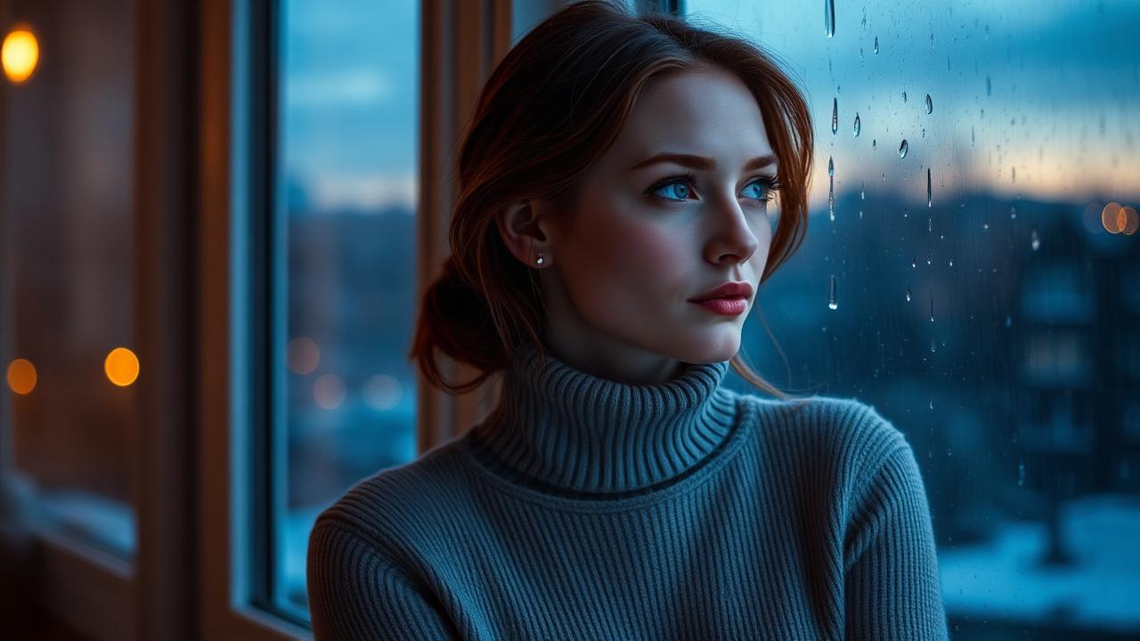 Young woman in a turtleneck looking out a rain-streaked window at dusk, reflecting on AI girlfriend versus real relationship trade-offs