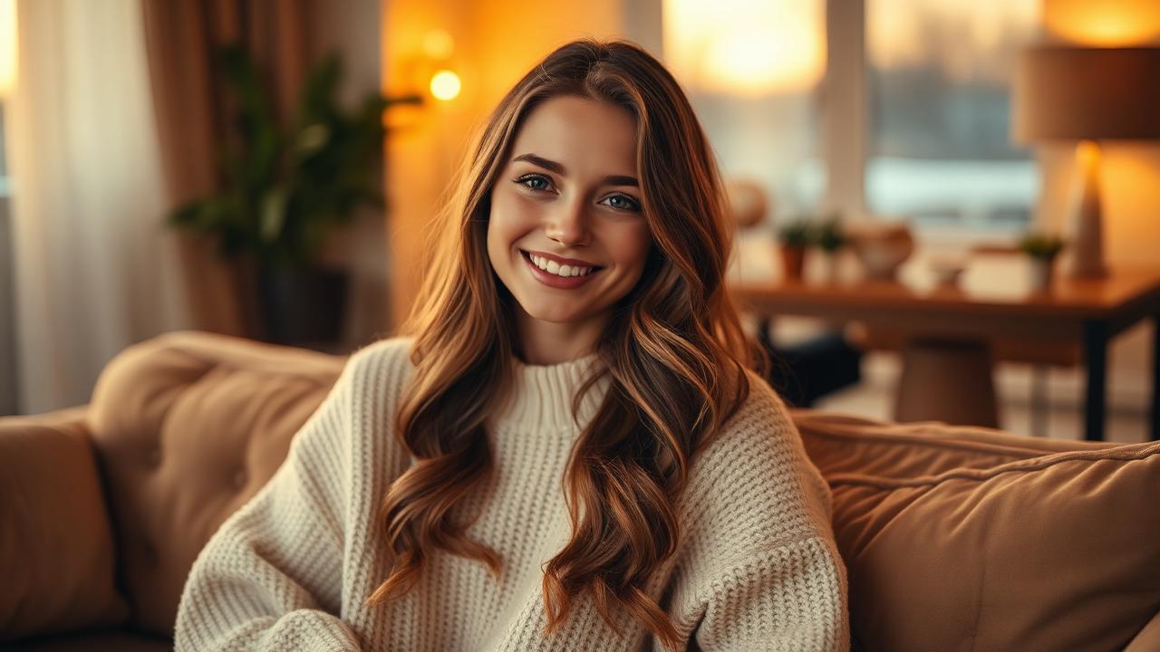 Smiling young woman in a cozy cream knit sweater on a sofa at golden hour, representing a warm AI girlfriend companion