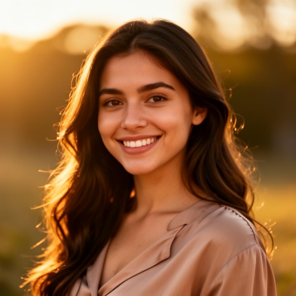 AI girlfriend with brown hair in golden hour portrait