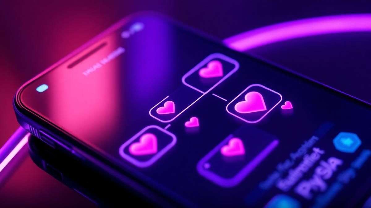 Smartphone showing a glowing AI girlfriend chat with neon hearts, illustrating an authentic-feeling AI conversation